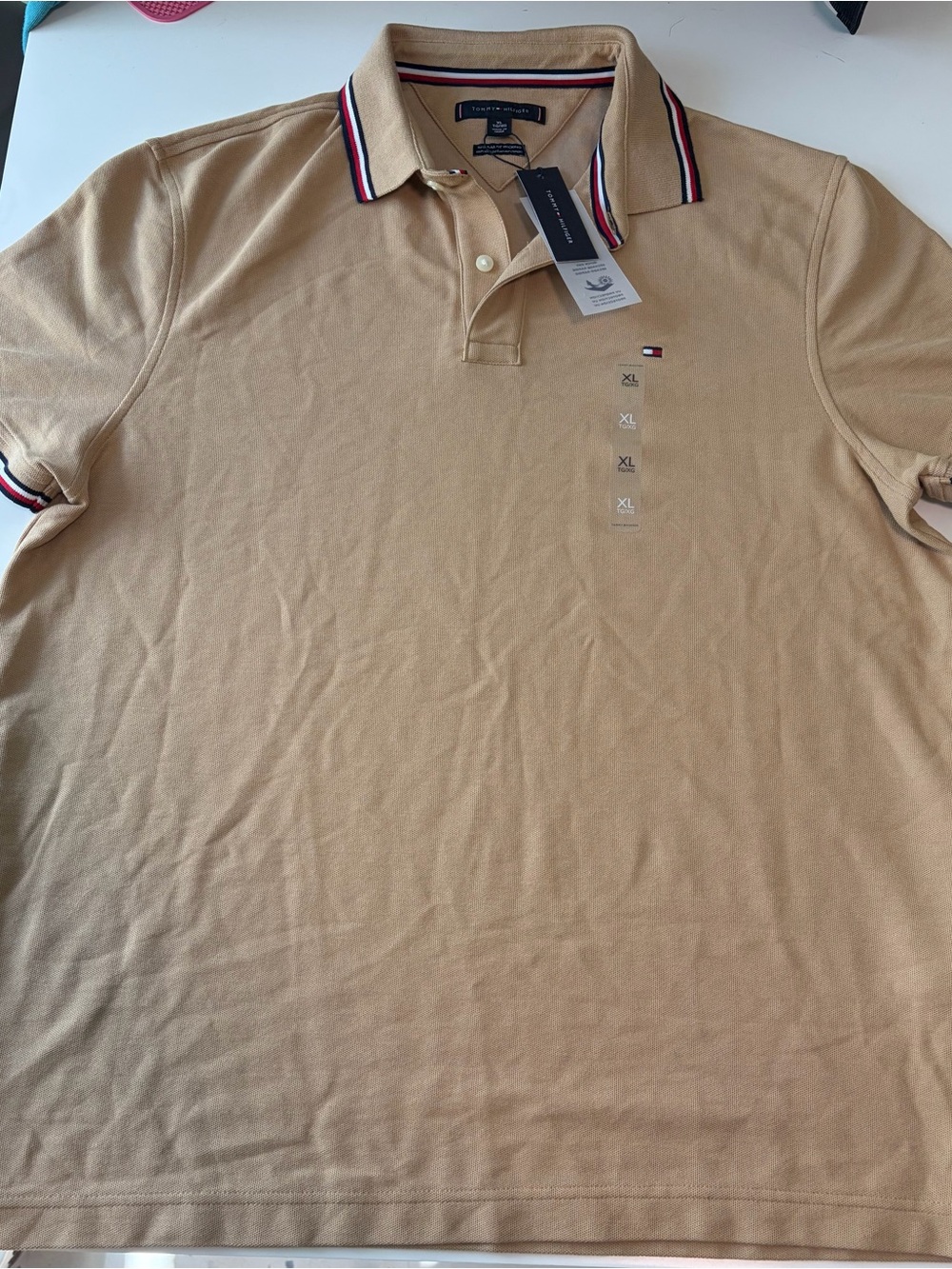 Tommy Hilfiger Men’s Beige Polo with Navy & Red Stripe Trim
